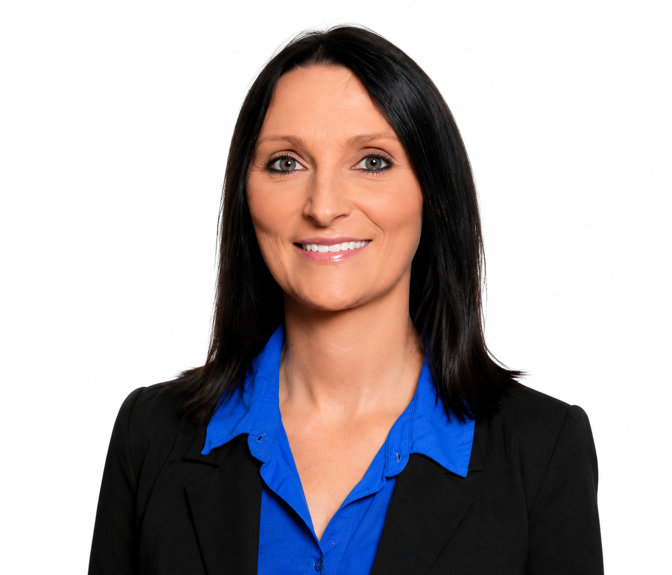 Professional headshot of a smiling woman with dark hair, wearing a blue blouse and black blazer against a white background.