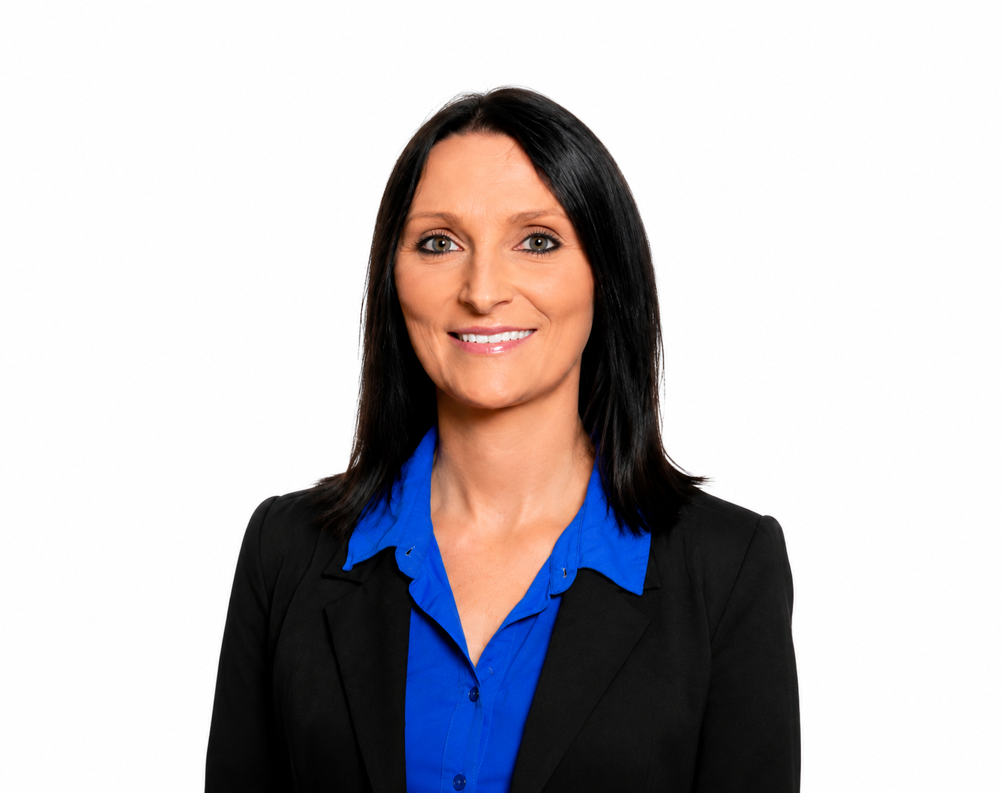 Head-and-shoulders portrait of a smiling professional woman with straight dark hair, wearing a blue blouse and black blazer against a white background.